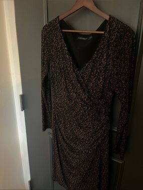 Lauren Ralph Lauren Black and Brown Printed Faux-Wrap Long Sleeve Dress